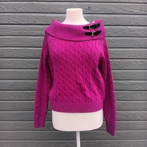 Ralph Lauren Fuchsia Cable-Knit Off-Shoulder Sweater with Buckle Accents